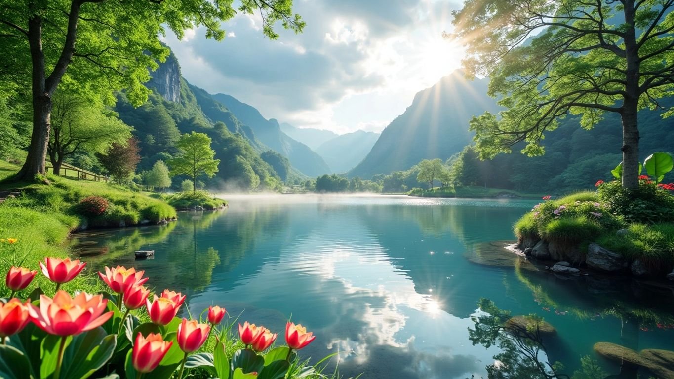 Tranquil lake with greenery and vibrant flowers.