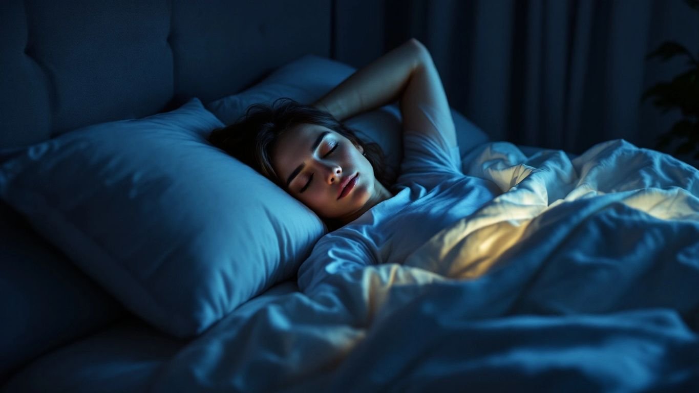 Person resting in a cozy bedroom, illustrating sleep state.
