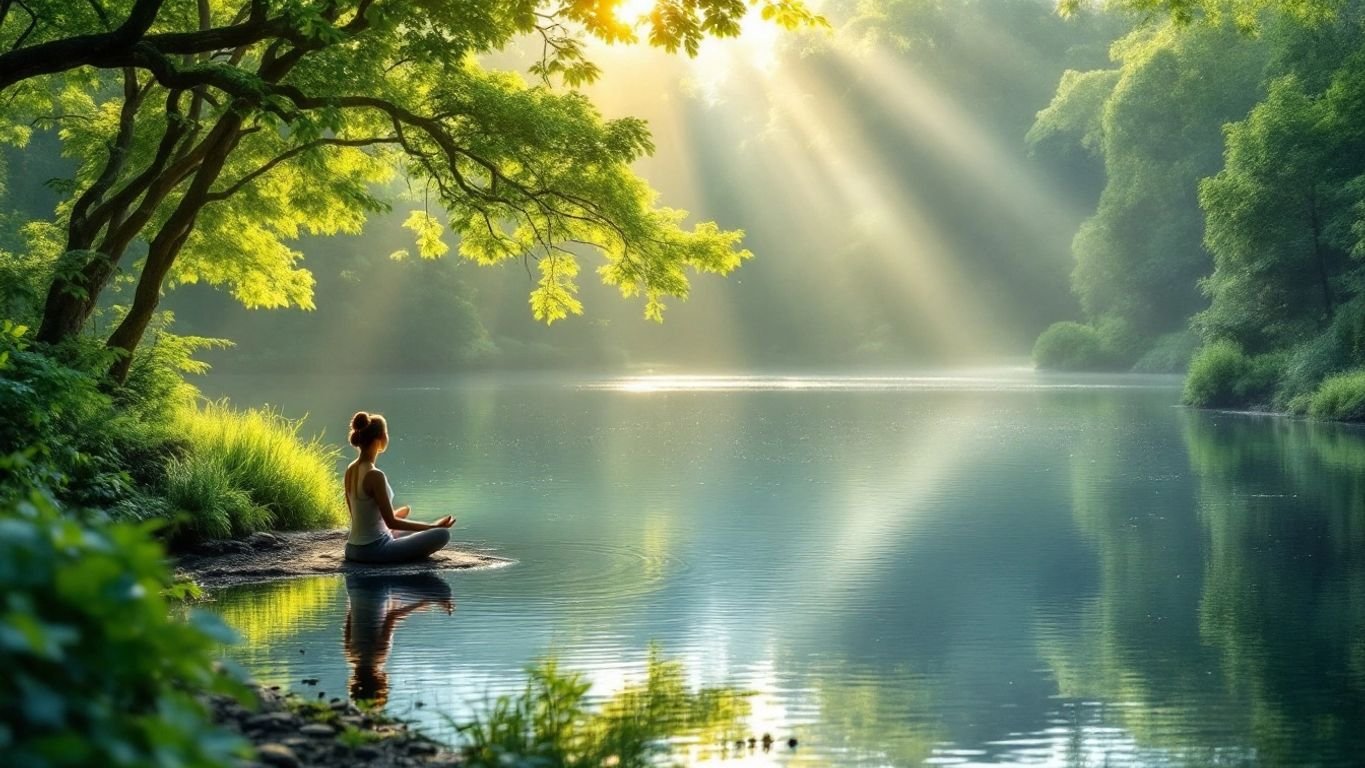 Person meditating by a tranquil lake in nature.