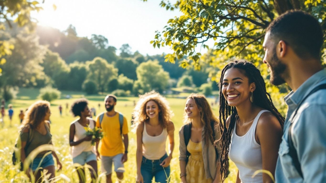 Diverse group enjoying outdoor activities in a sunny landscape.