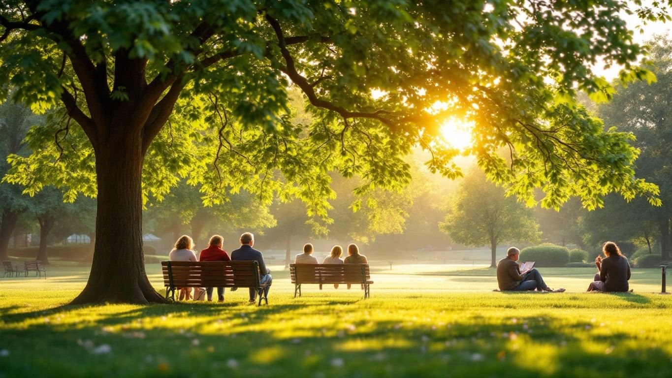 People talking in a peaceful park setting.