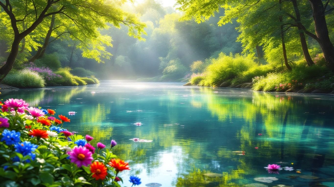 Tranquil lake scene with greenery and soft sunlight.