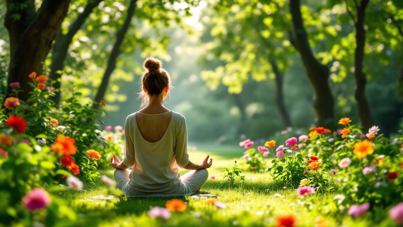 Person meditating in a peaceful green park setting.