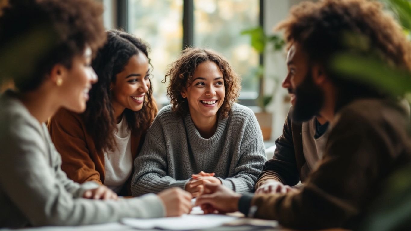 Group discussion on mental health in a warm setting.