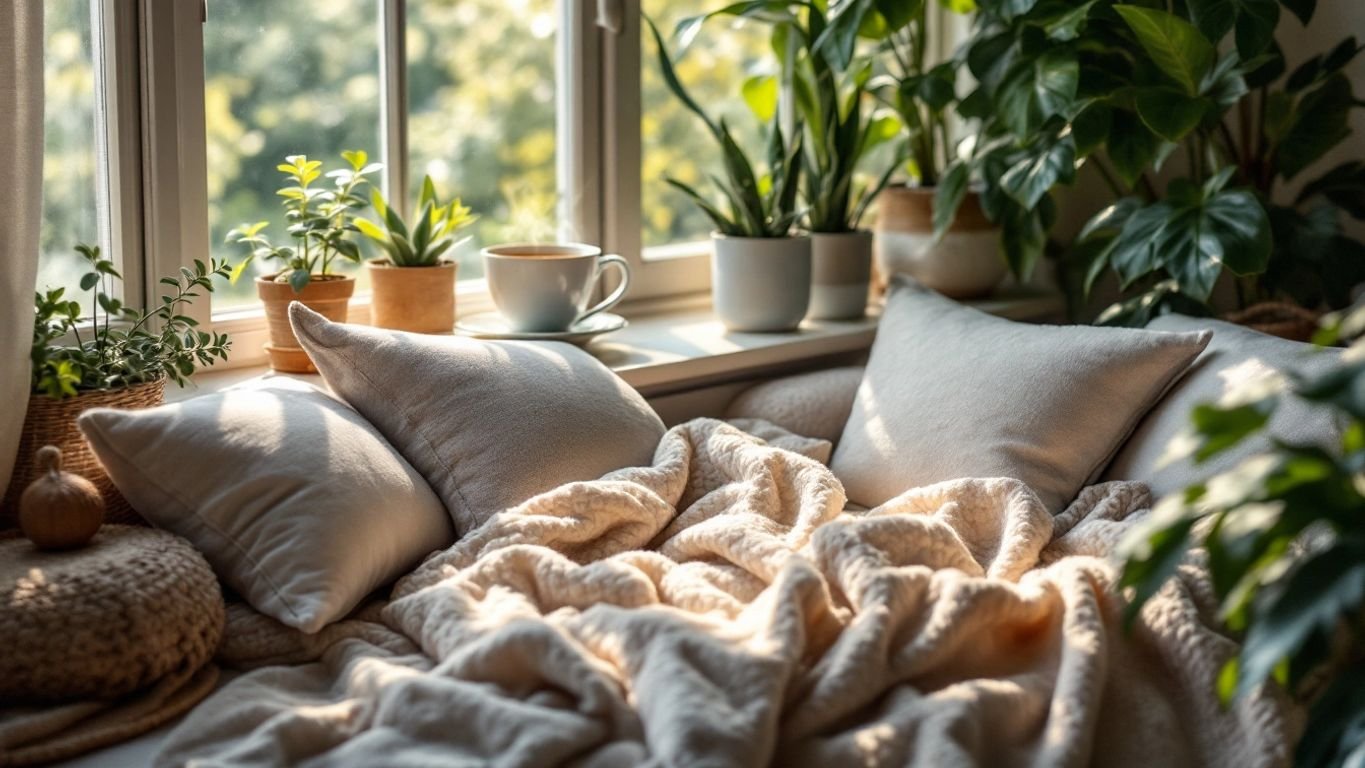 Cozy reading nook with tea and plants.